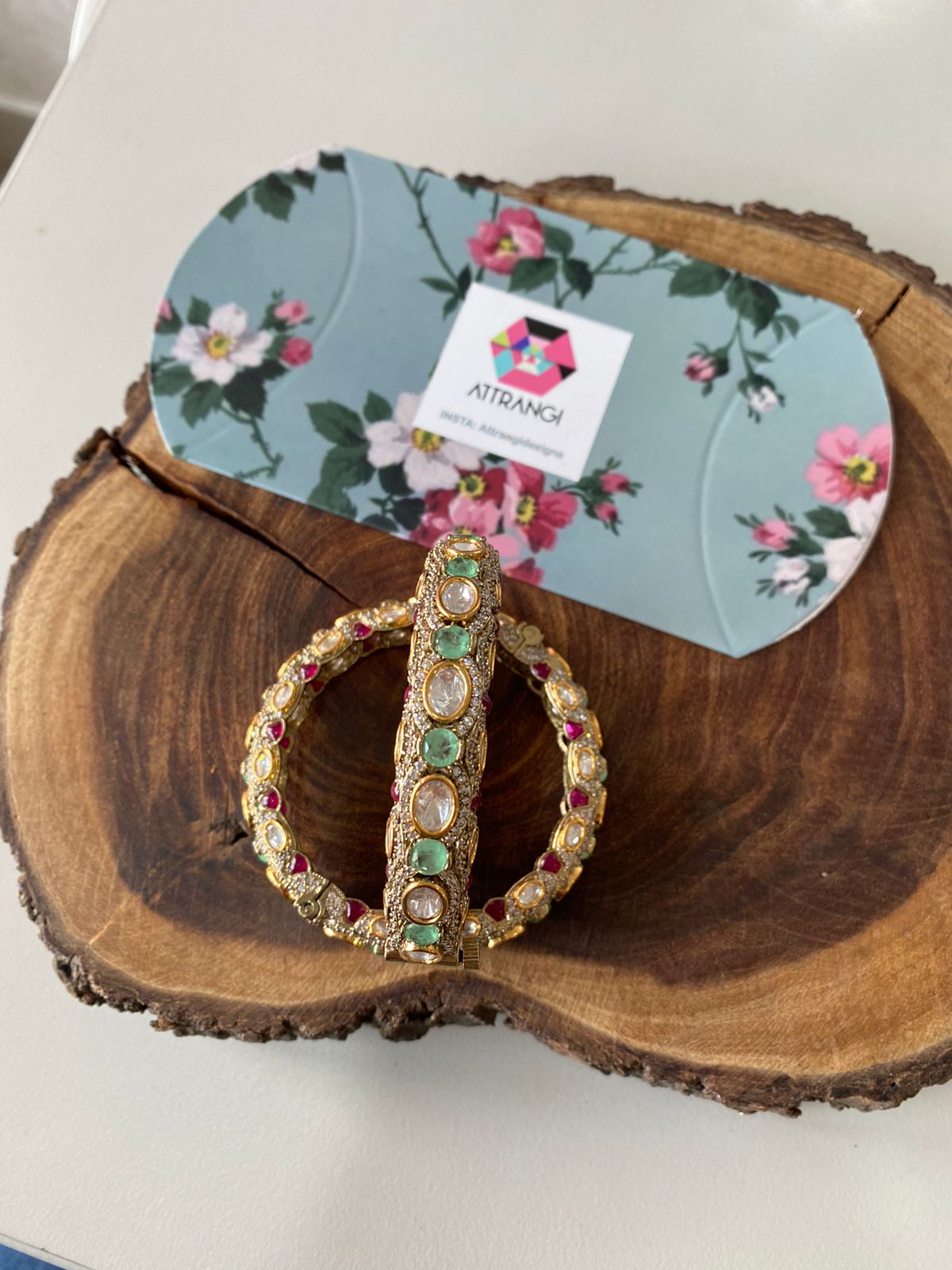 Abhilasha Uncut Diamond Ruby Mint Polki Moissanite Bangle Set| Openable
