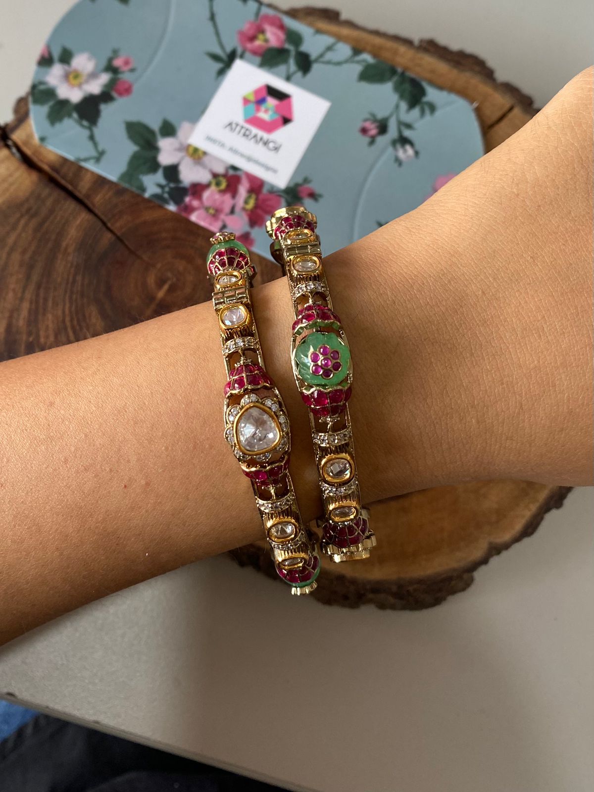 Rosy Moissanite Pacheli Style Thin Polki Bangle| openable