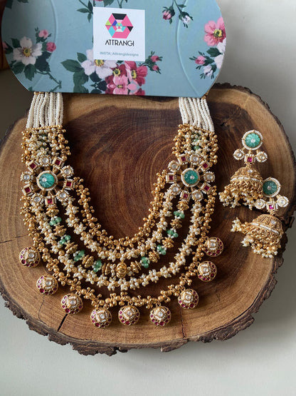 Jeevitha 5 line Gold Traditional Necklace Set with Jhumkas | Sone Pe Suhaga