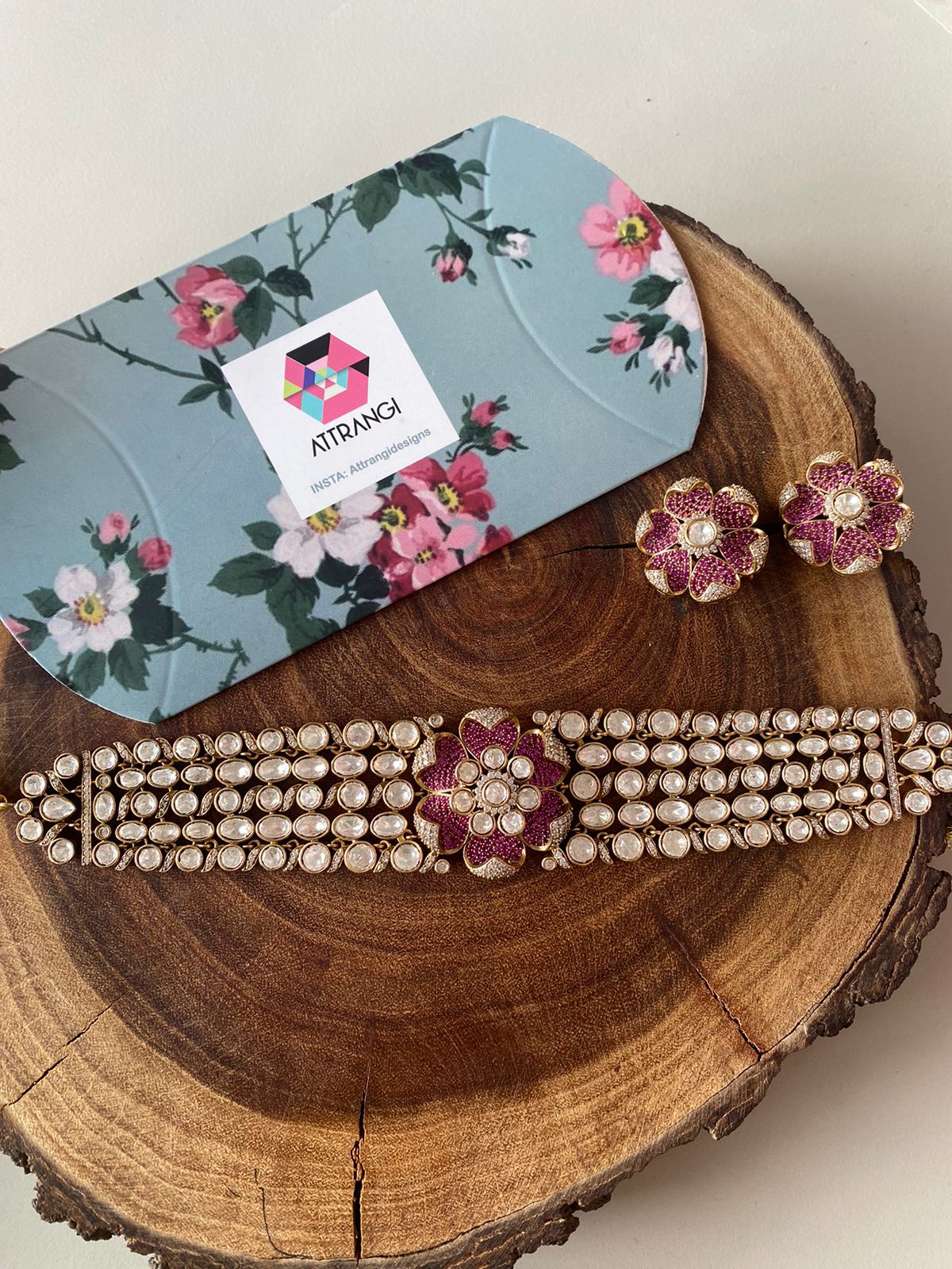 Phool Khile Moissanite Polki Choker Set with Studs