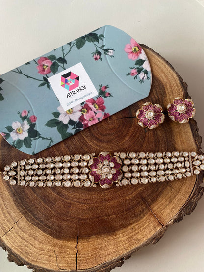 Phool Khile Moissanite Polki Choker Set with Studs