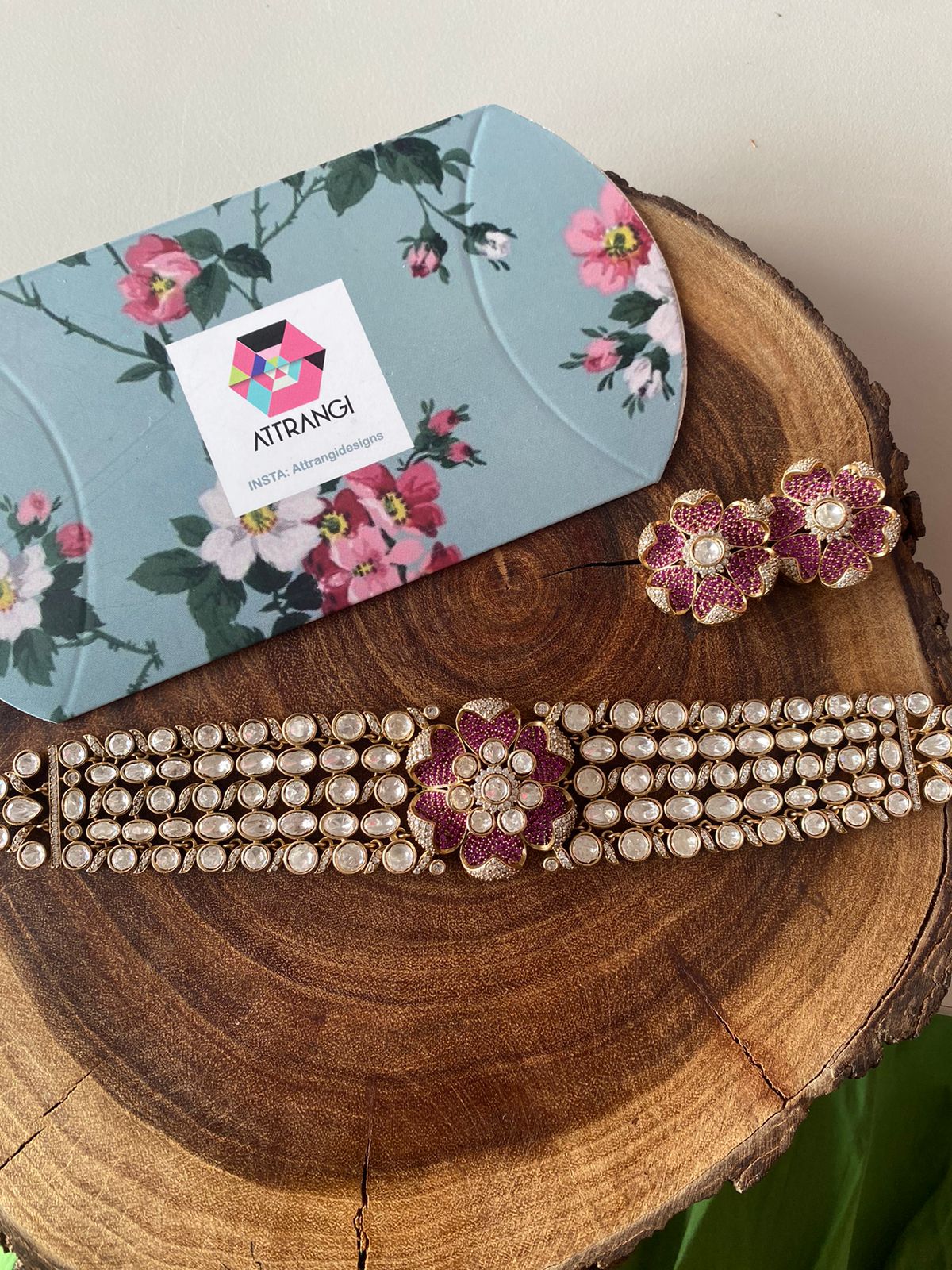 Phool Khile Moissanite Polki Choker Set with Studs