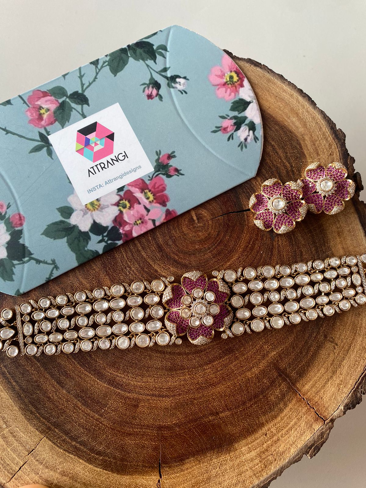 Phool Khile Moissanite Polki Choker Set with Studs