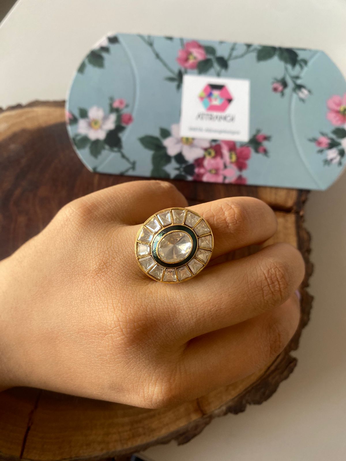 Vritti Polki Moissanite Uncut Diamond Meenakari Ring