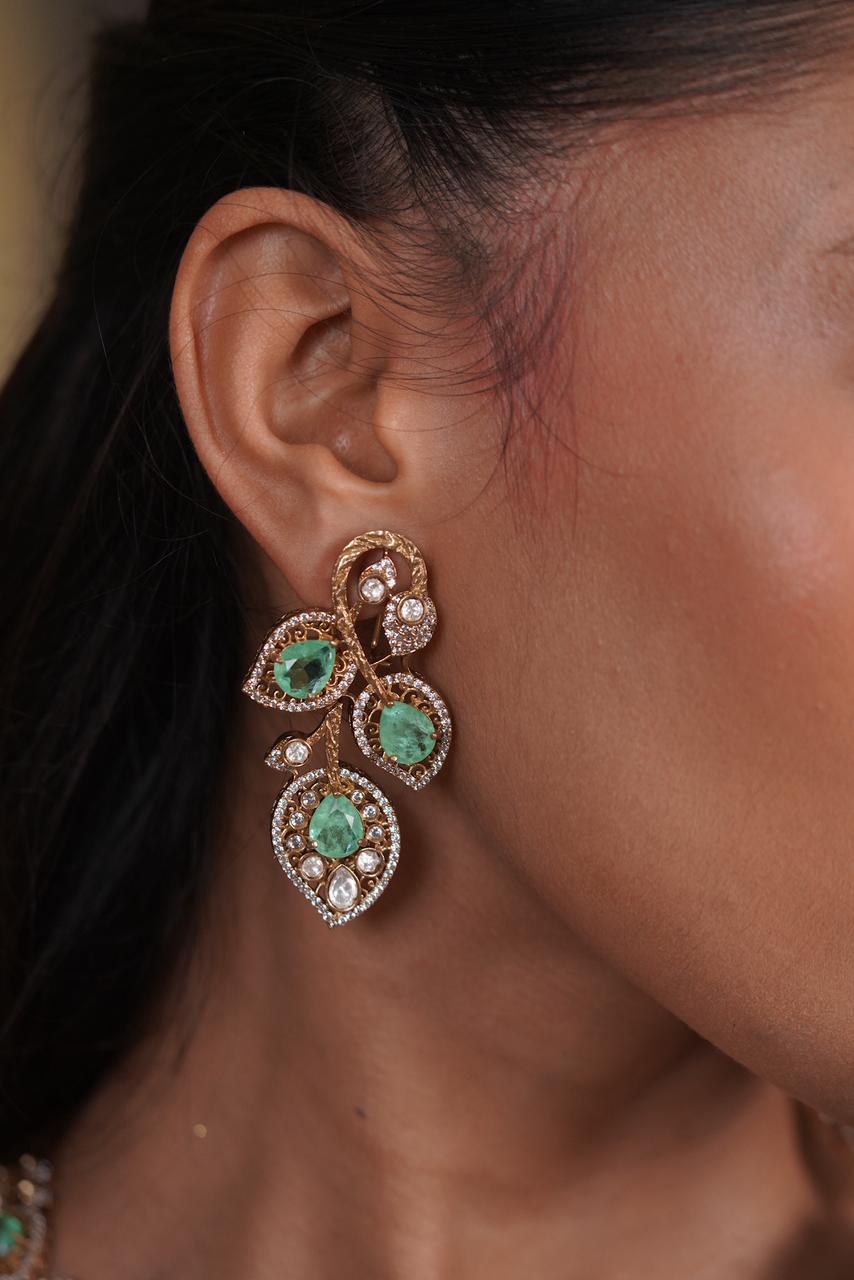 Mint Tree Russian Emerald Polki Moissanite Designer Hasli Set