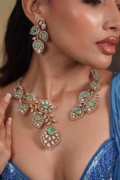 Mint Tree Russian Emerald Polki Moissanite Designer Hasli Set