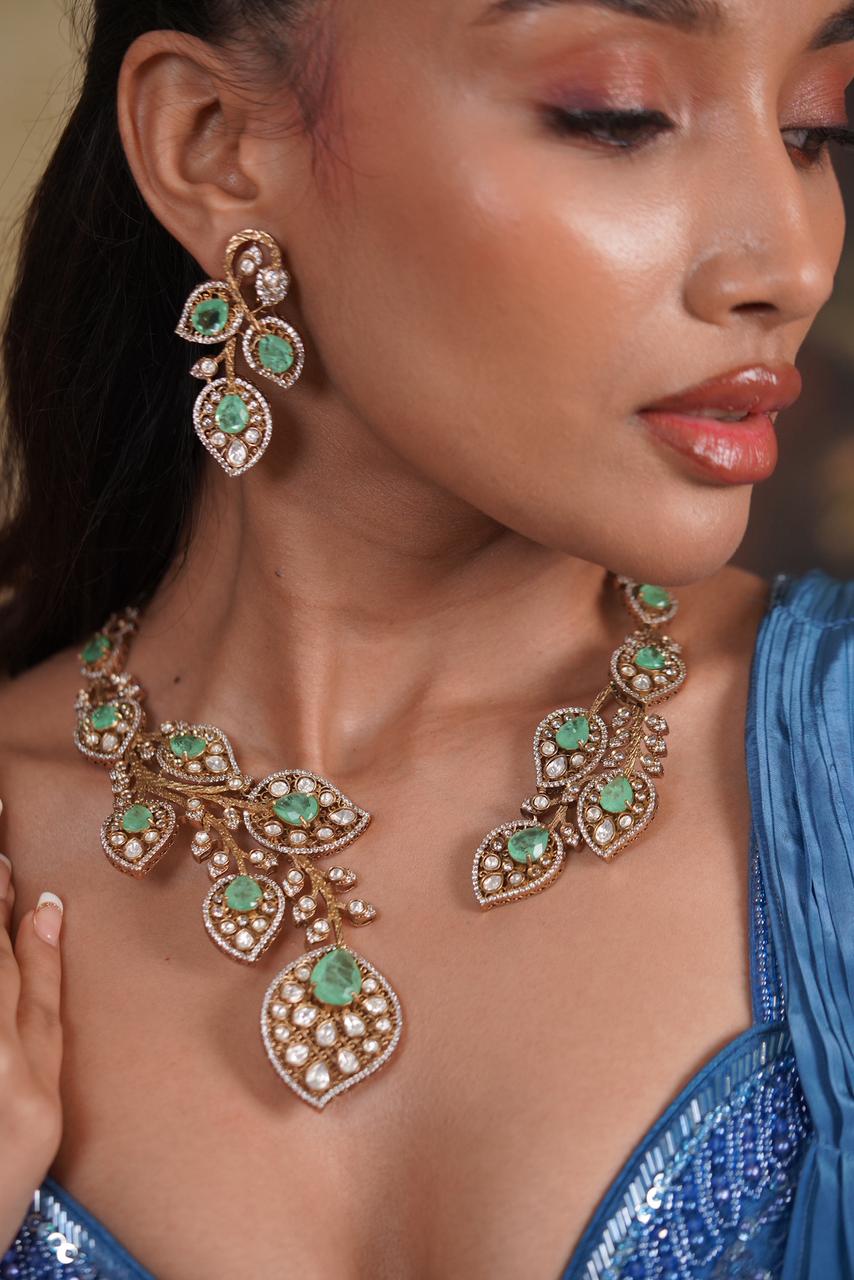 Mint Tree Russian Emerald Polki Moissanite Designer Hasli Set