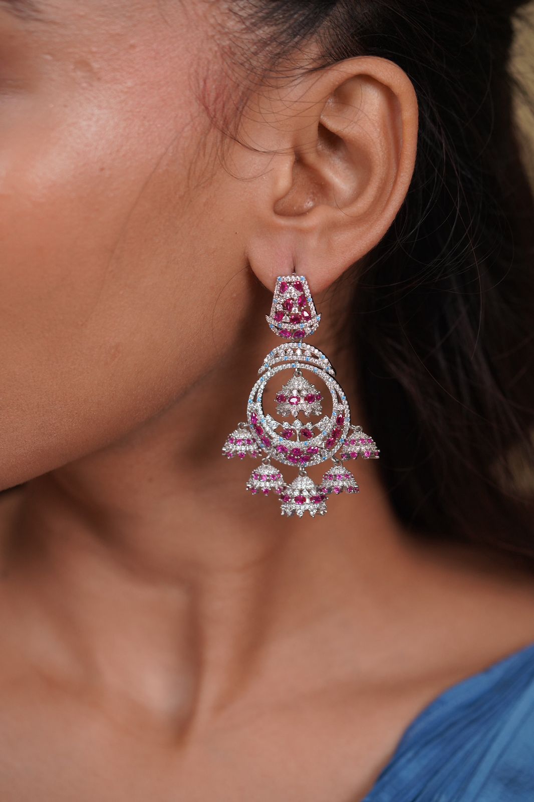 Firoza Blue Pink Diamond Chandbalis