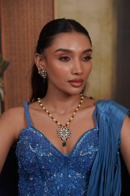 Navratna Rich Pendant Set |  Beaded Mala & Earrings