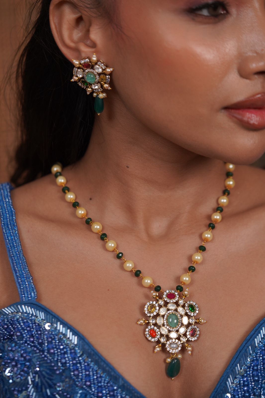 Navratna Rich Pendant Set |  Beaded Mala & Earrings