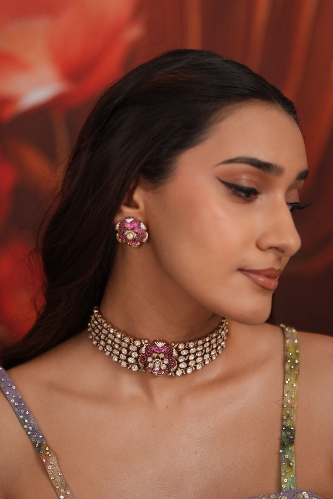 Phool Khile Moissanite Polki Choker Set with Studs