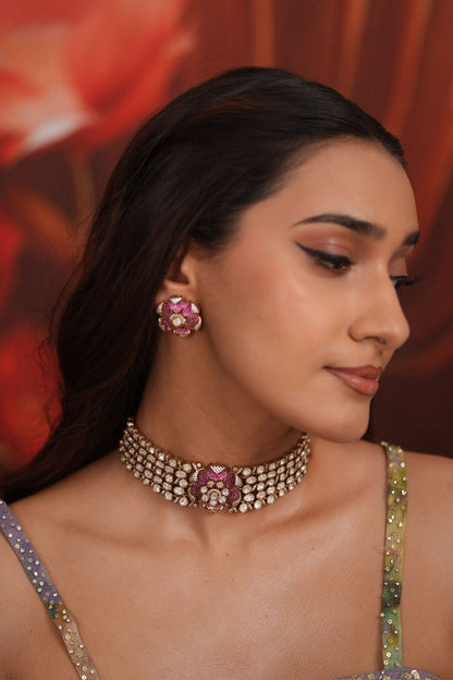 Phool Khile Moissanite Polki Choker Set with Studs