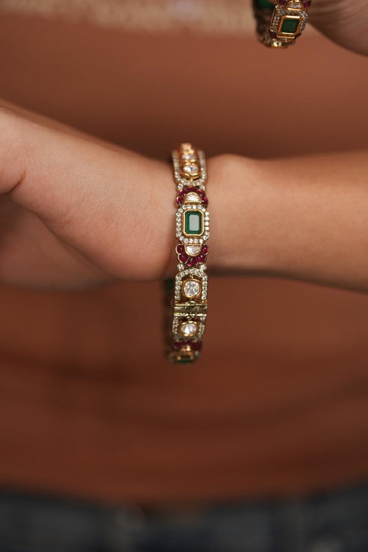 Samohar Polki Uncut Diamond Moissanite Ruby Green Bangle  | Openable