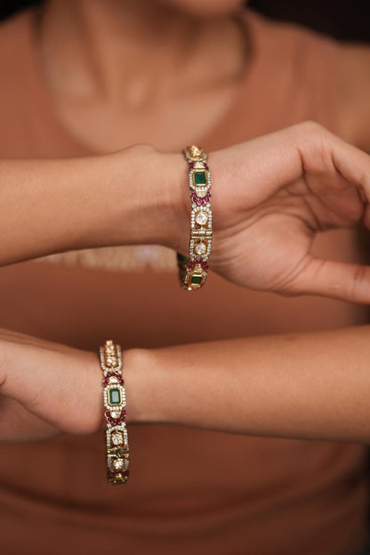 Samohar Polki Uncut Diamond Moissanite Ruby Green Bangle  | Openable