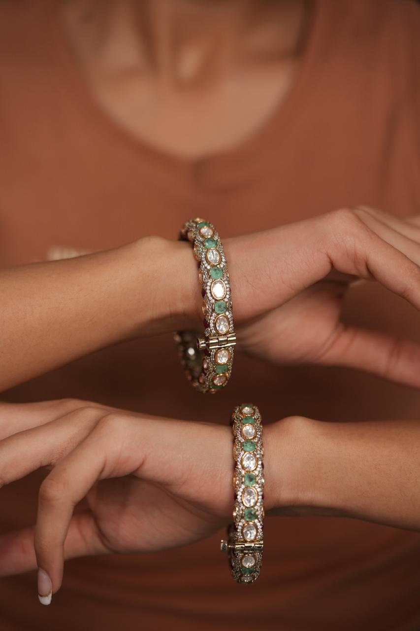 Abhilasha Uncut Diamond Ruby Mint Polki Moissanite Bangle Set| Openable