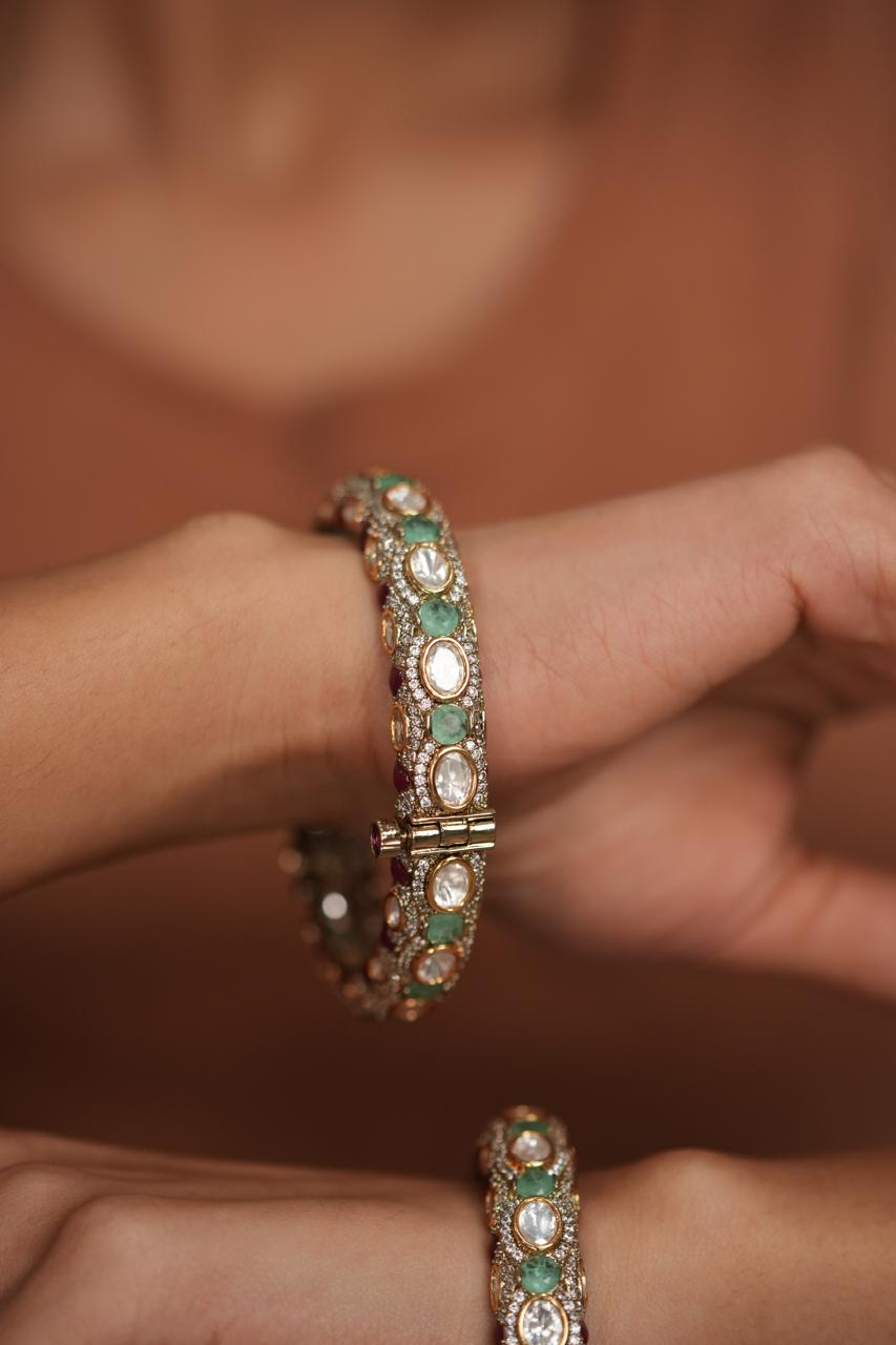 Abhilasha Uncut Diamond Ruby Mint Polki Moissanite Bangle Set| Openable