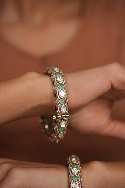 Abhilasha Uncut Diamond Ruby Mint Polki Moissanite Bangle Set| Openable