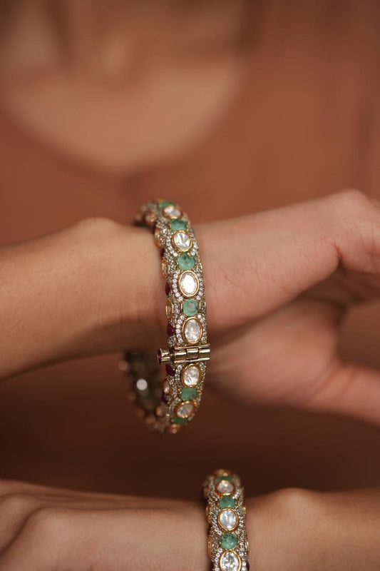Abhilasha Uncut Diamond Ruby Mint Polki Moissanite Bangle Set| Openable