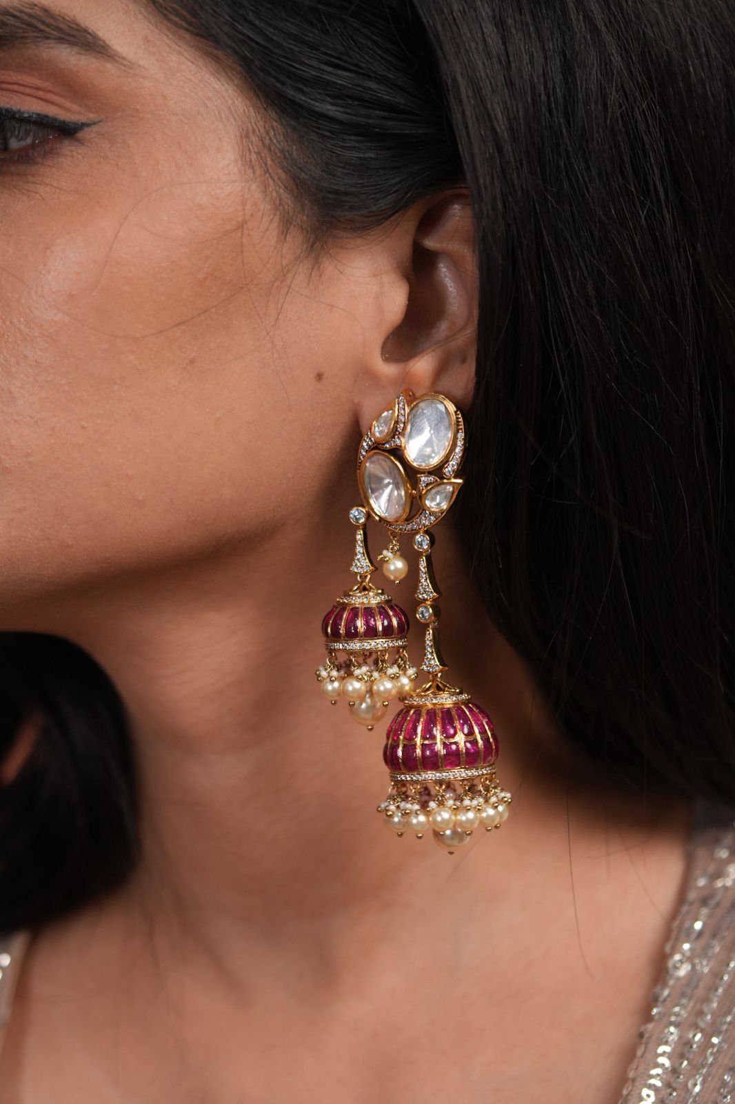 Aarti 2 Drop Moissanite Polki Meenakari Jhumka