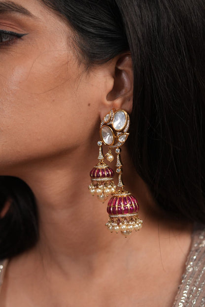 Aarti 2 Drop Moissanite Polki Meenakari Jhumka
