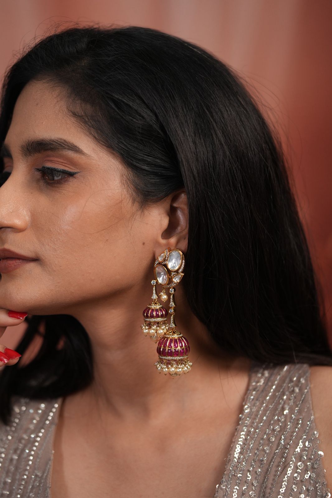 Aarti 2 Drop Moissanite Polki Meenakari Jhumka