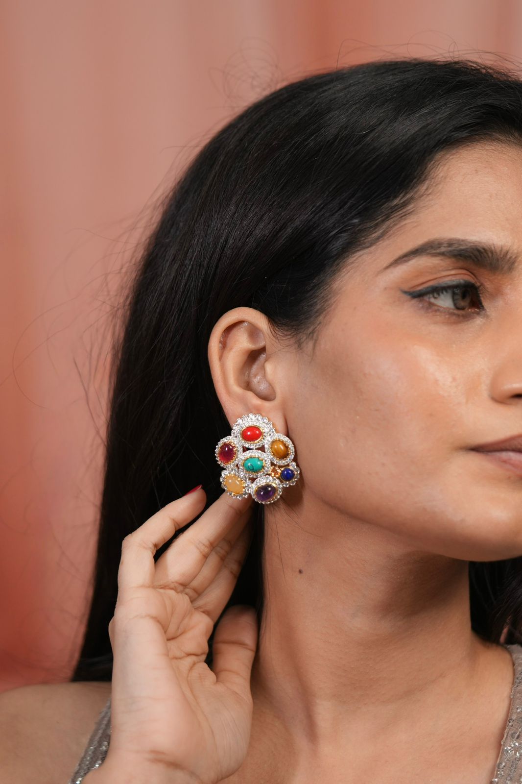 Big Navratna Diamond Indo western Studs| GemZ