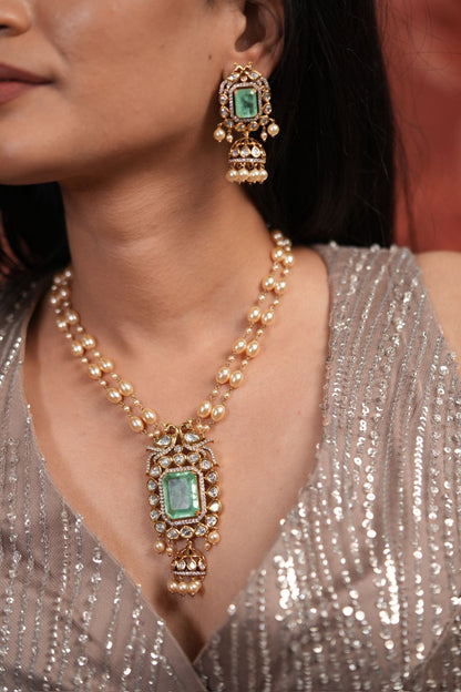 Laila Polki Moissanite Pearl Pendant Style Set with Jhumka