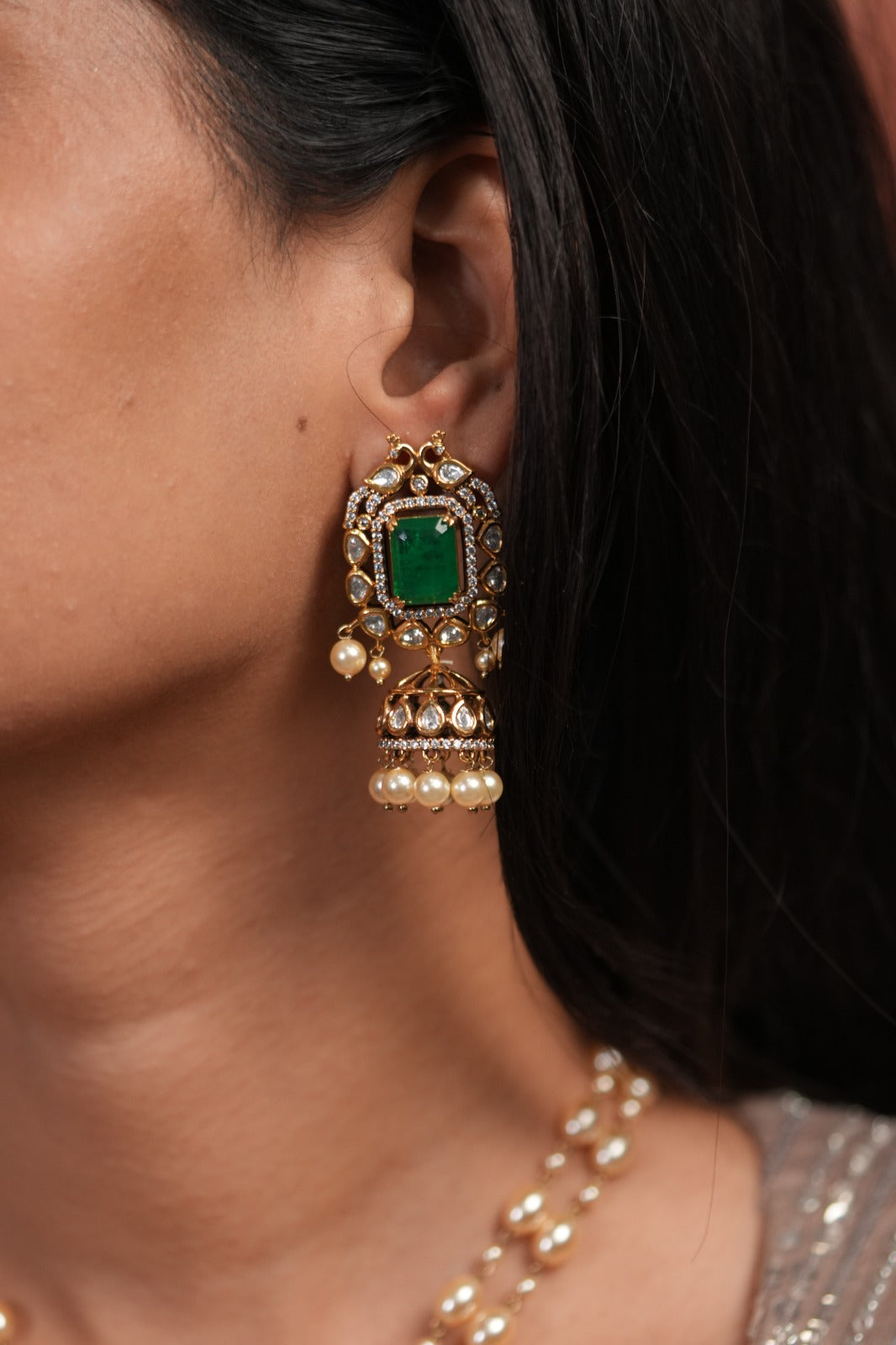 Laila Polki Moissanite Pearl Pendant Style Set with Jhumka