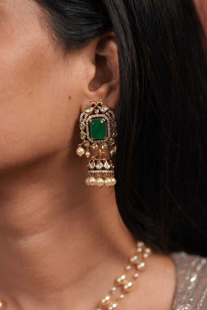 Laila Polki Moissanite Pearl Pendant Style Set with Jhumka