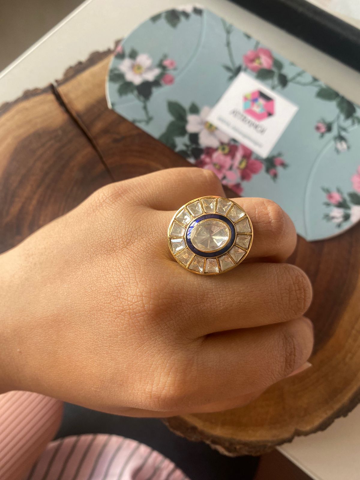 Vritti Polki Moissanite Uncut Diamond Meenakari Ring