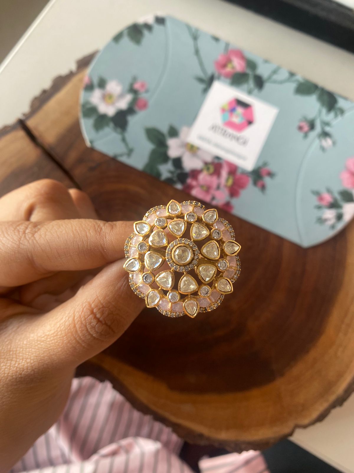 Mira Polki Moissanite Floral Uncut Diamond Ring | Adjustable
