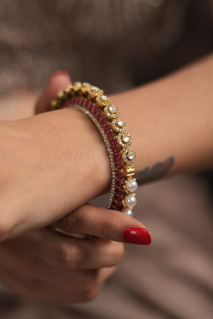Manju Half Polki Half Pearl 2 in 1 Meenakari Indian Kada