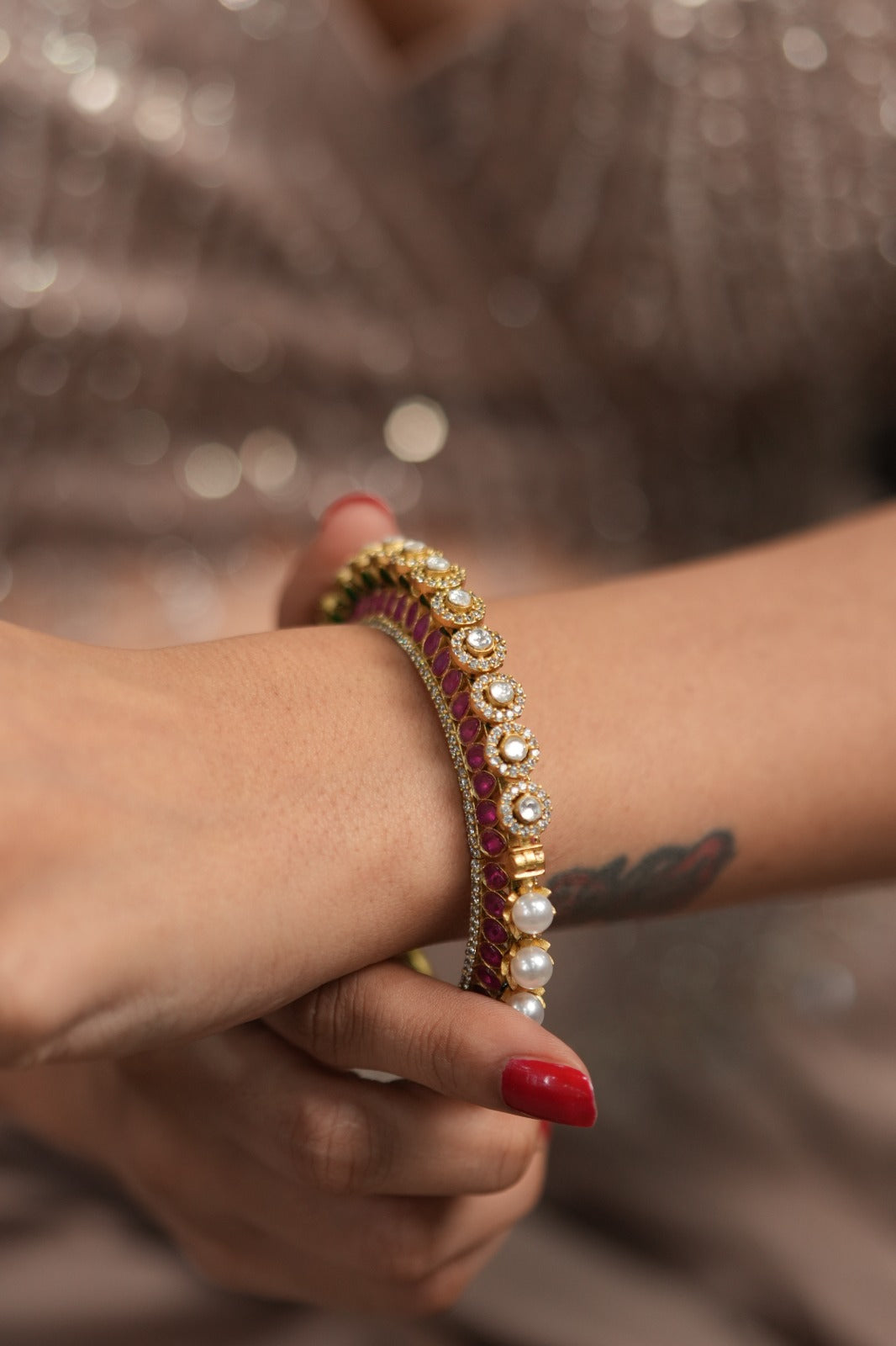 Manju Half Polki Half Pearl 2 in 1 Meenakari Indian Kada