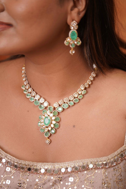 Tanishka Mint Moissanite Indo Western Polki Set | Russian Emerald