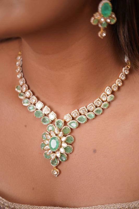 Tanishka Mint Moissanite Indo Western Polki Set | Russian Emerald