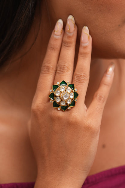 Sai Polki Floral Emerald Meena Cocktail Polki Ring | Adjustable