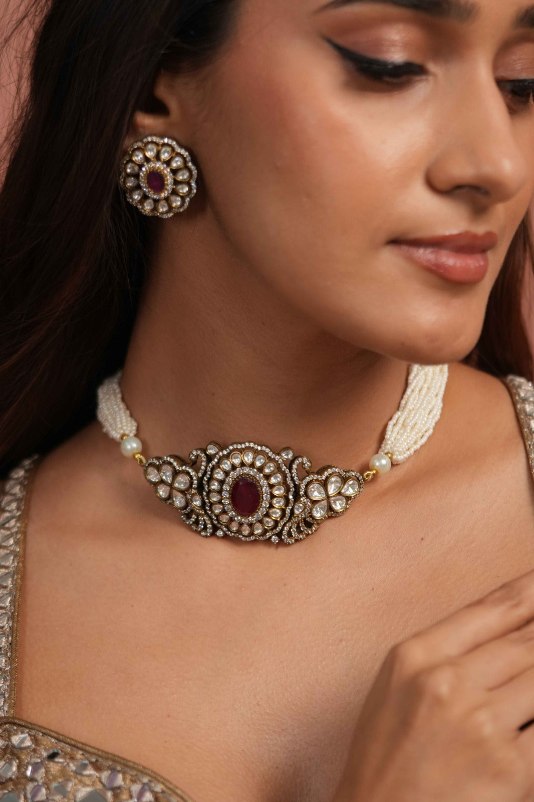 Siyora Victorian Ruby Choker Set with Studs | antique