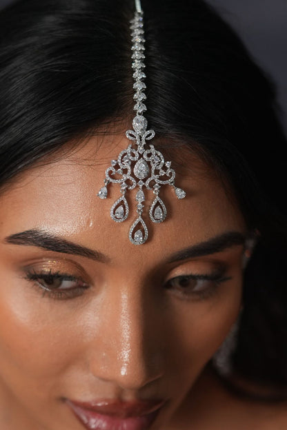 JagMohini Long Diamond Earrings With Maangtika