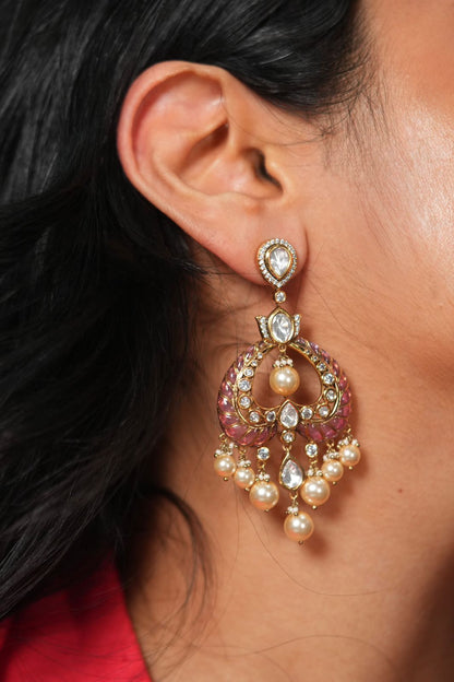 Dildooba Moissanite Polki Meenakari Chandbali Earrings