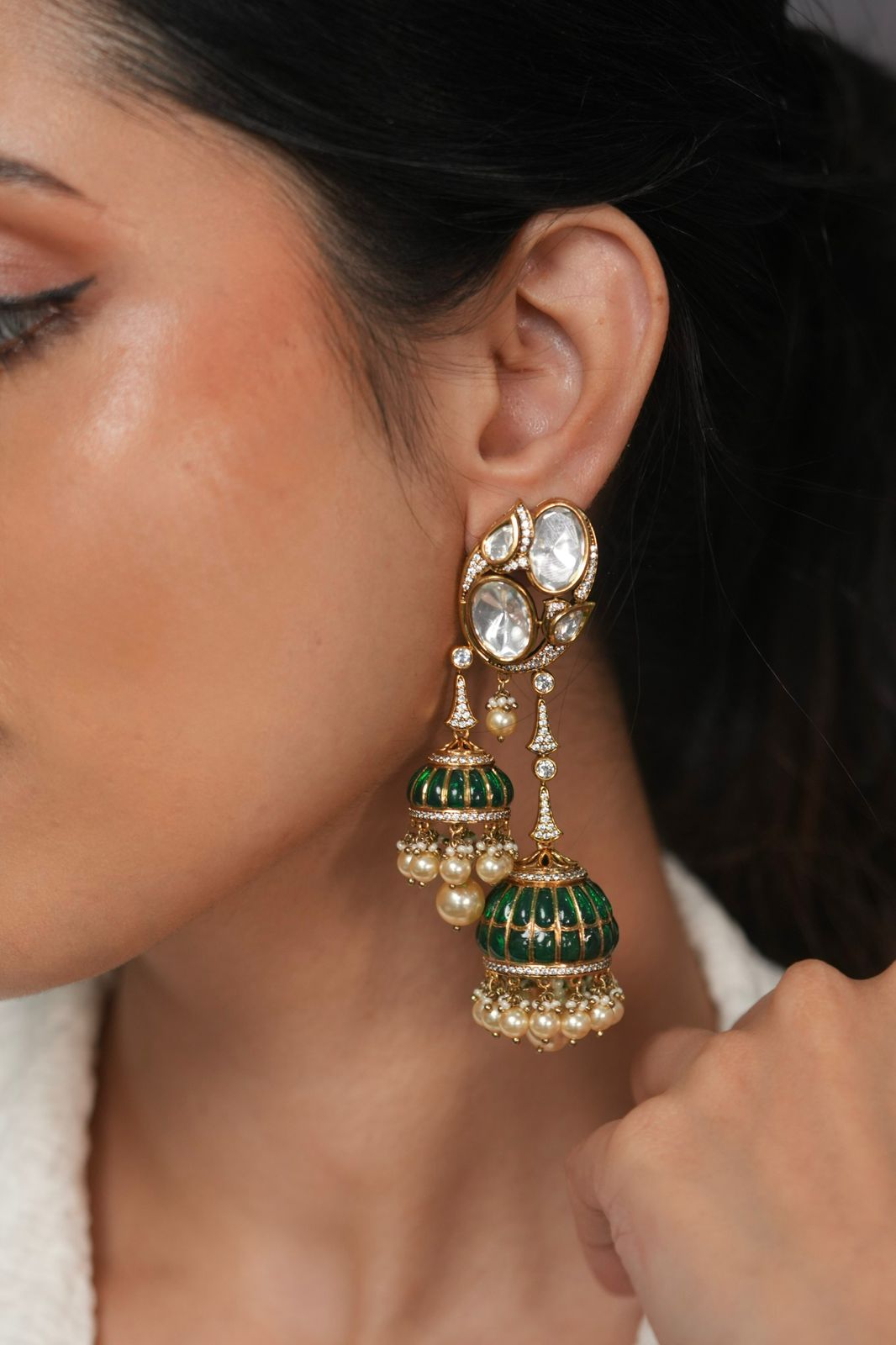 Aarti 2 Drop Moissanite Polki Meenakari Jhumka