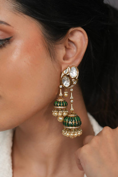 Aarti 2 Drop Moissanite Polki Meenakari Jhumka