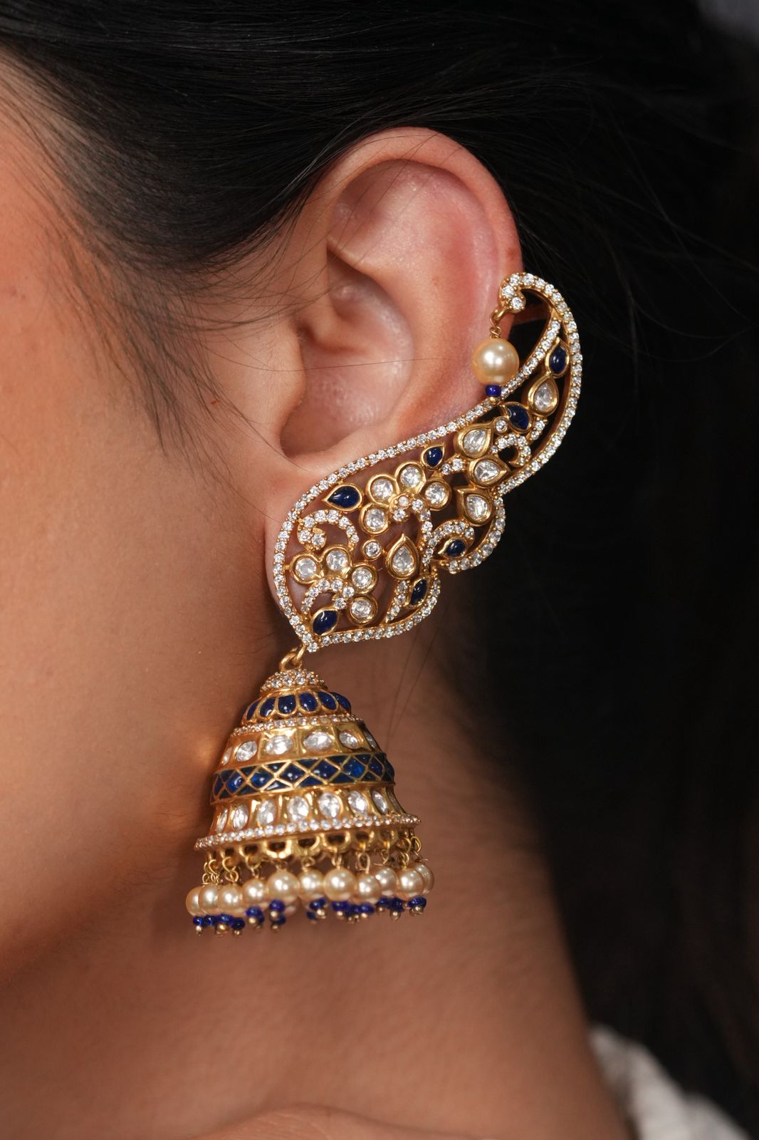 Palashi Polki Moissanite Designer Indian Earcuff  Jhumka
