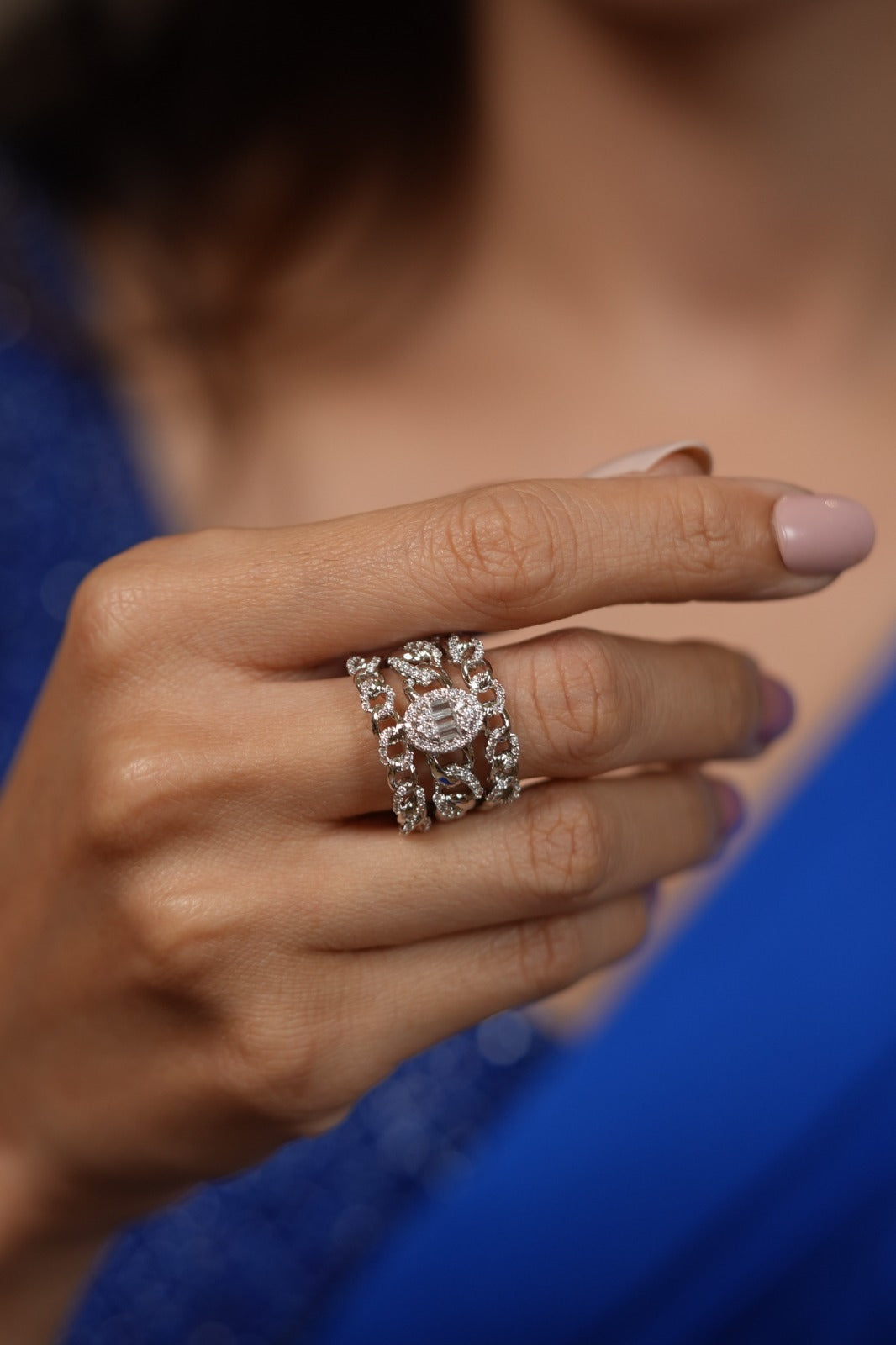Cuban Oval 3 Row Band Diamond Ring