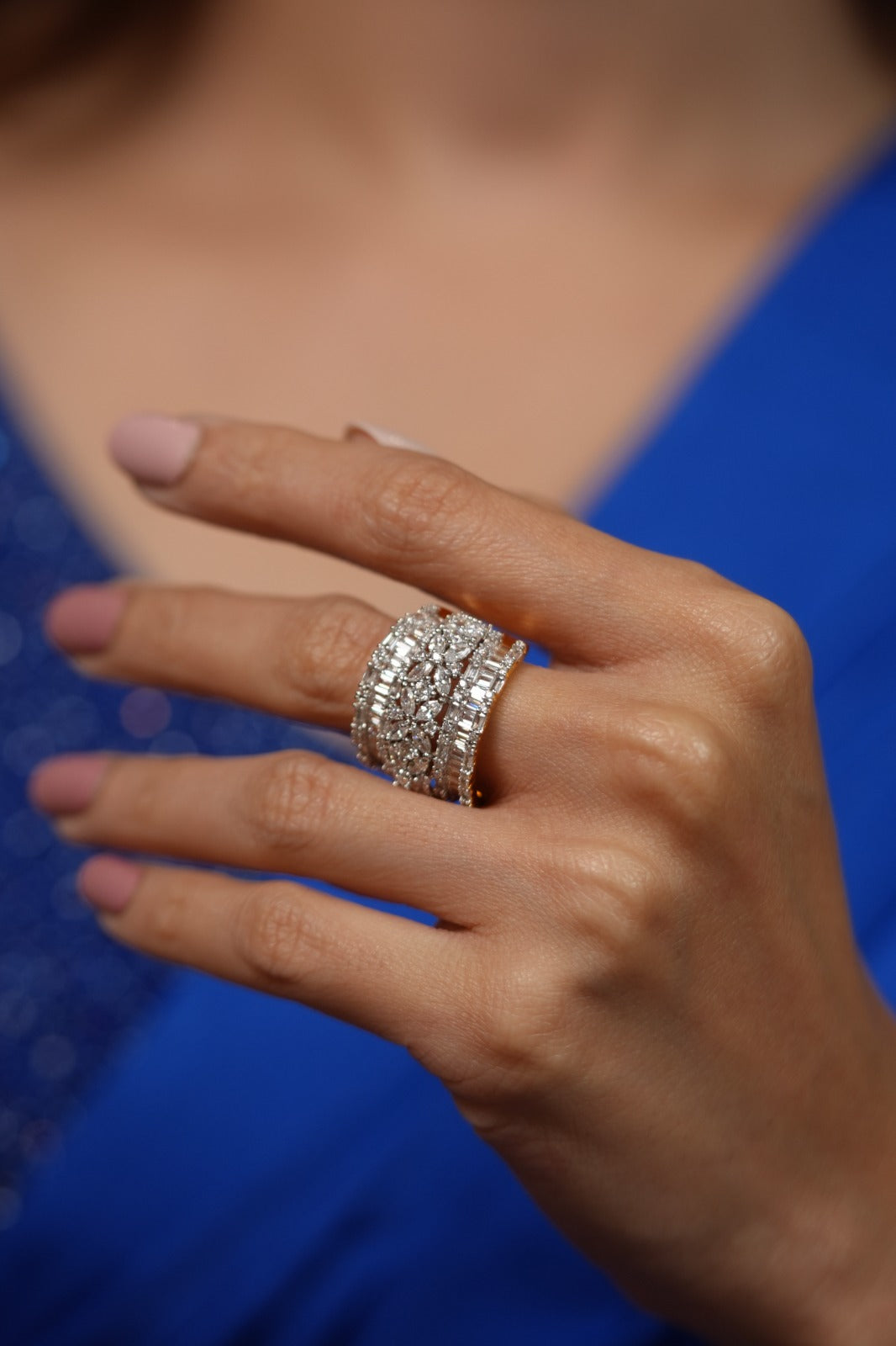 Bila 3 Row Baguette & Marquise Diamond Cocktail Ring