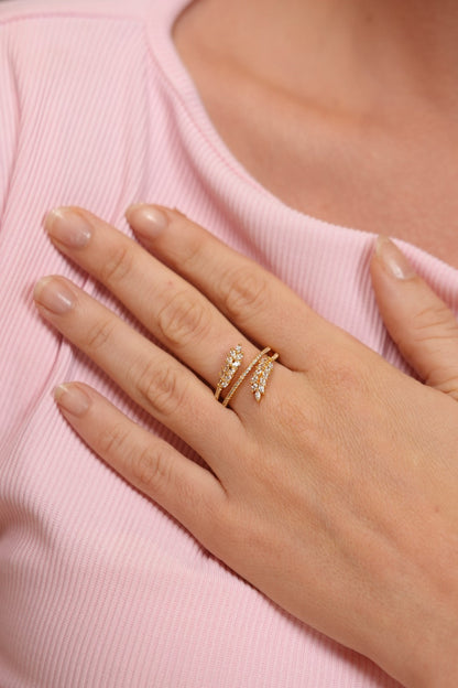 Branch 3 Line Leaf Wrap Diamond Delicate Ring (GOLD)