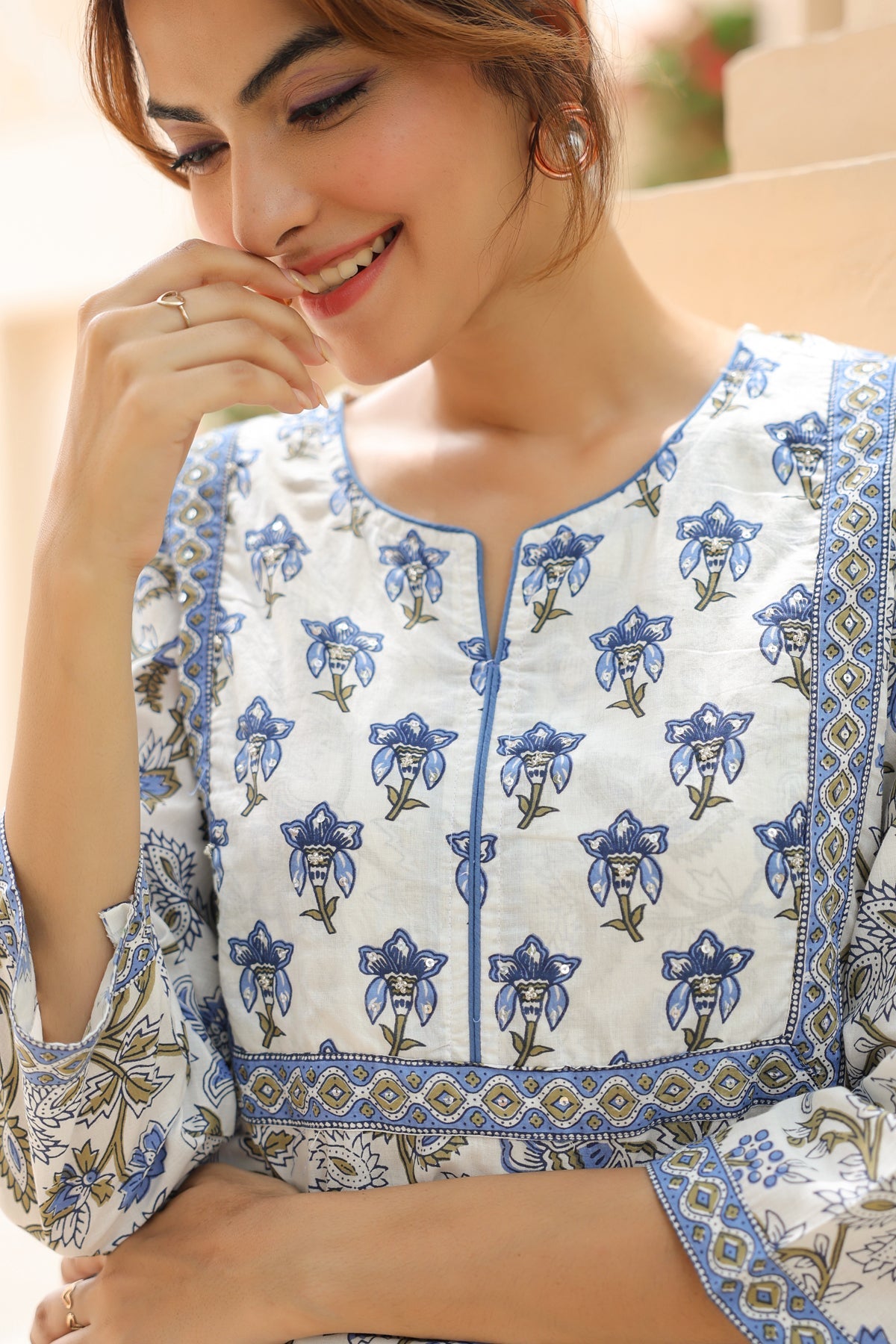 White Blue Pattern Cotton Top