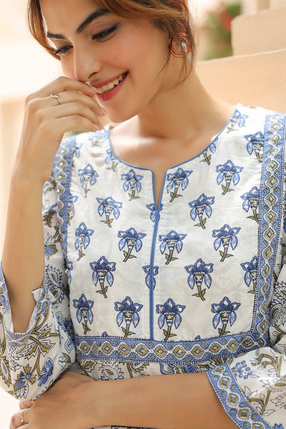 White Blue Pattern Cotton Top