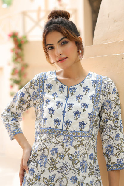 White Cotton Blue Printed Top