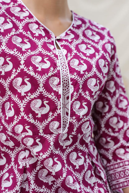 Wine Cotton Printed Kurti