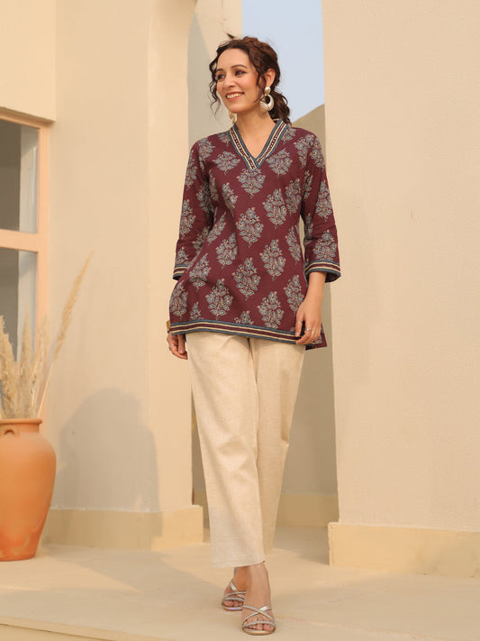 Wine V-Neck Cotton Top